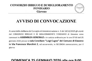 Convocazione Assemblea Generale - Consorzio irriguo e di miglioramento fondiario di Giaveno - 25 gennaio 2026