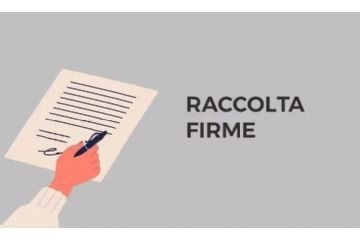 Scritta RACCOLTA FIRME in maiuscolo con foglio e mano disegnata nell'intento di firmare su sfondo grigio